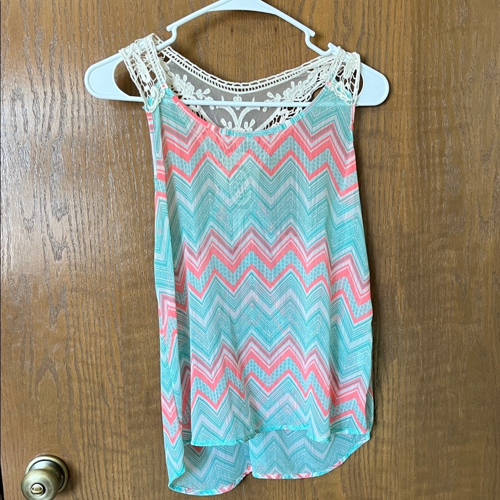 No Boundaries Chevron Lace Tank Top - Pink, Teal, White